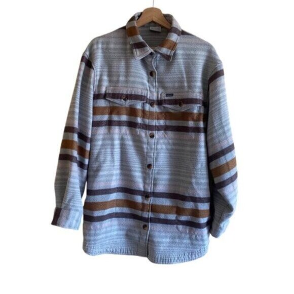 Columbia Calico Basin Shirt Jacket Shaket Woman Large Grey Stripped Pockets Cozy - Picture 1 of 16